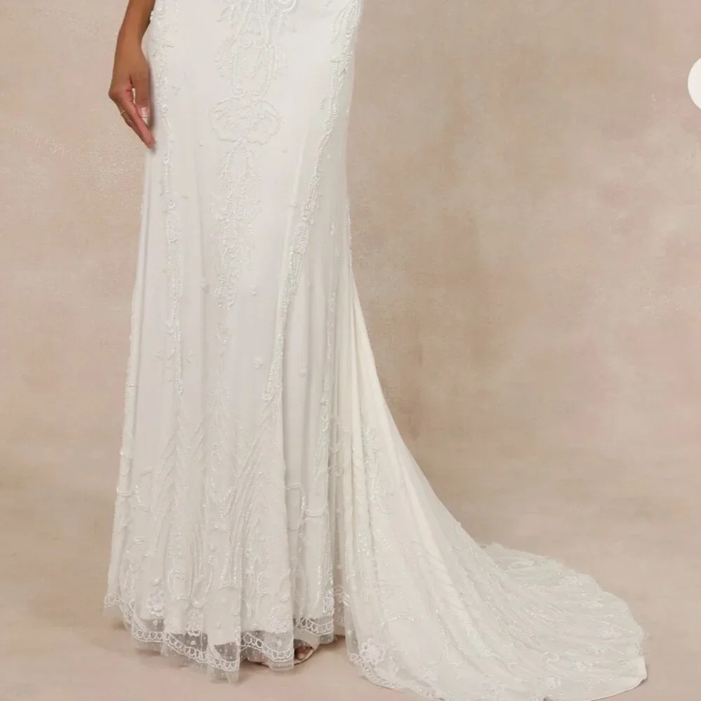 Passionate Romance White Beaded Sequin Mermaid Maxi Dress Lulus Sz #25 #423 - Picture 5 of 6